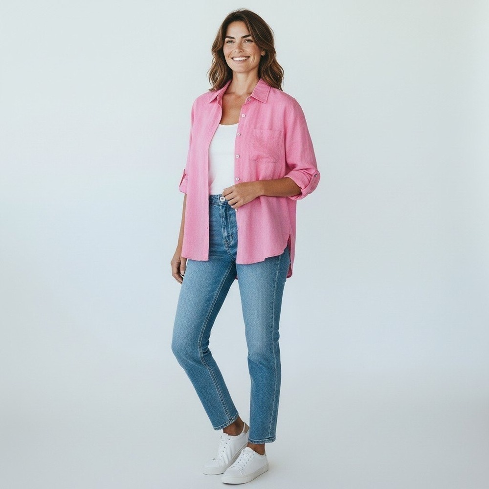 Soft Surroundings Roll Tab Sleeve Crystal Button Down Shirt PM minimalist preppy